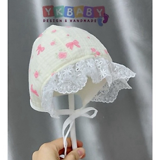 Mũ bonet phối ren vải xô muslin mềm mại điệu đà dành cho bé gái YKbaby
