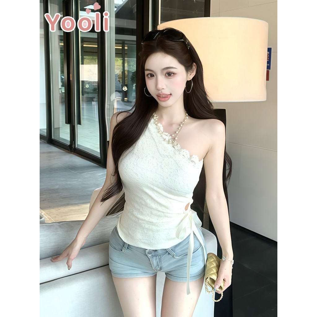 Màu trơn Áo sơ mi không tay lệch vai Spaghetti Dây đeo trên vải ren thoải mái khi mặc Crop với thiết