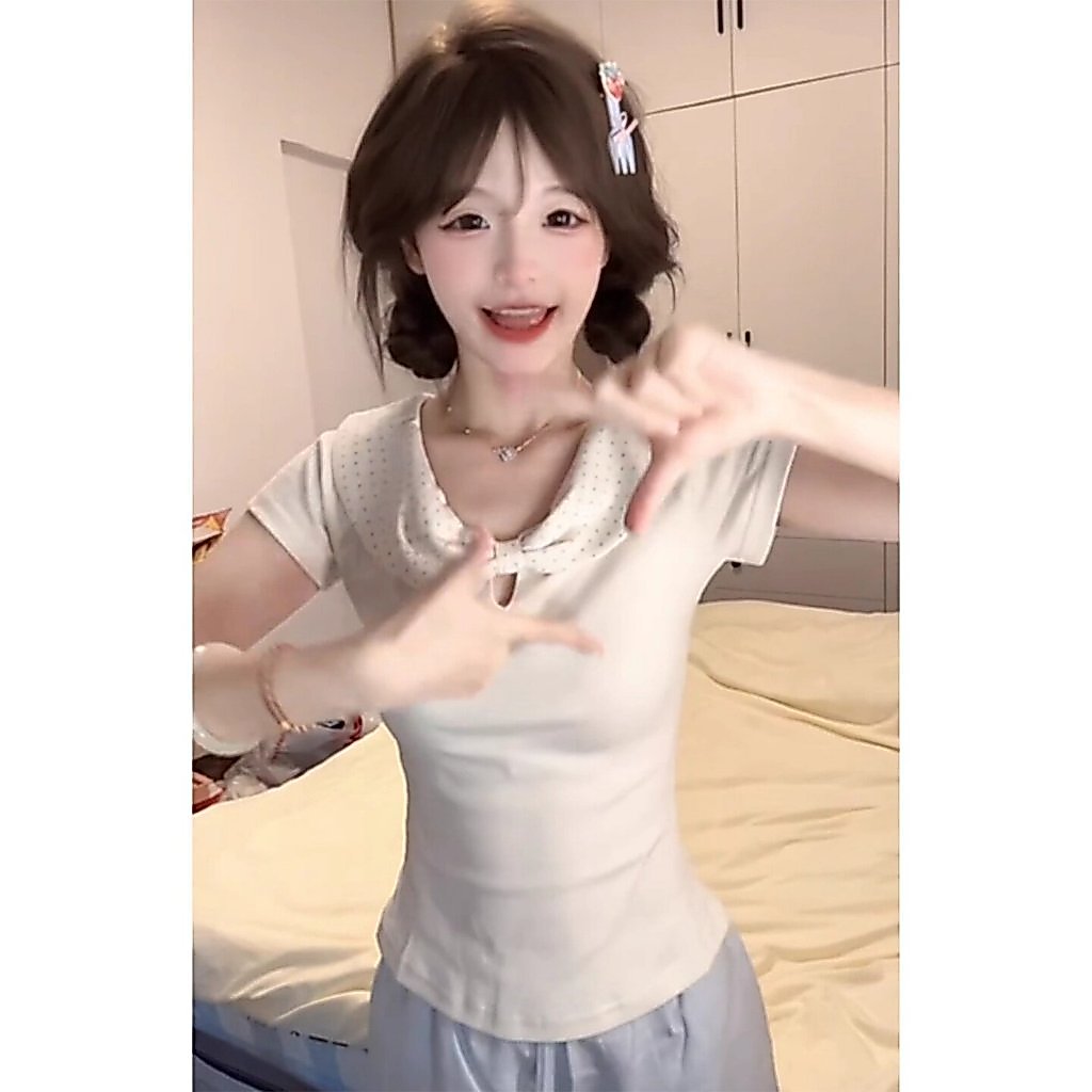 Off White Eyelet Peter Pan Collar Tay Ngắn Top Front Tie Slim Women Đan Tee
