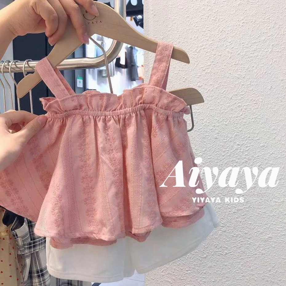 Aiyaya Quần áo bé gái áo vest hai mảnh màu hồng phong cách mùa hè bé gái + quần short trắng