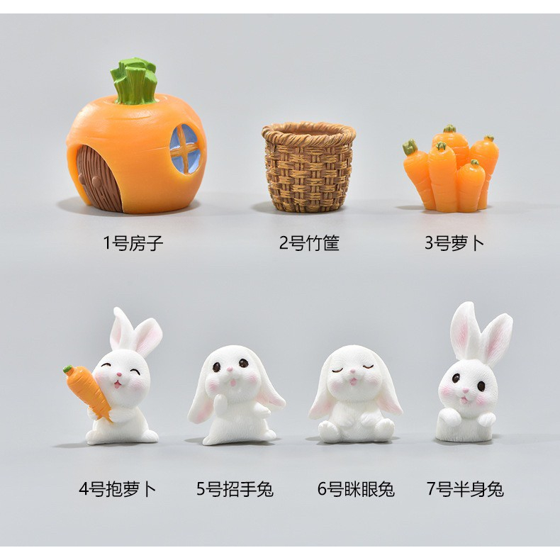 A001 (Bộ 7 Miếng) Bộ Búp Bê Thu Nhỏ Thỏ Và Cà Rốt Cho Khay Trang Trí Sân Vườn Quà Tặng Nhà A001