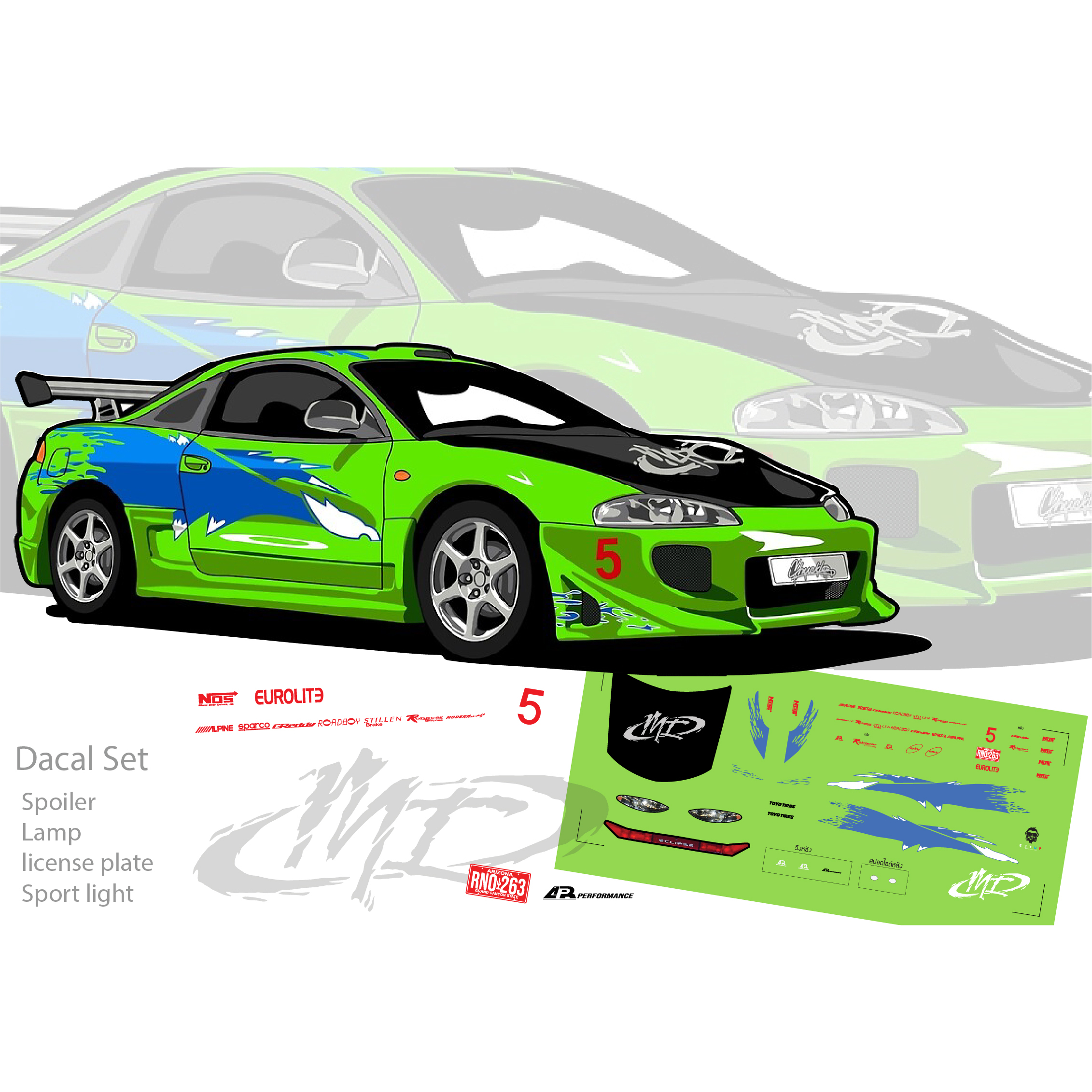 ❈ น ้ 🍎 Mitsubishi Eclipse Replica Fast and Furious Pual walker Brain 's ❈ Hot Wheels 1: 64 Decal tr