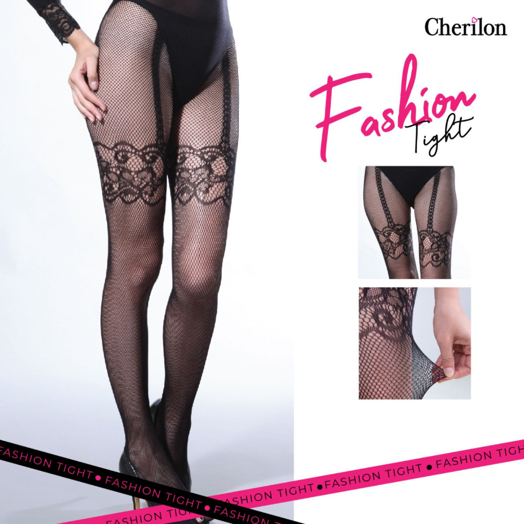 THỜI TRANG CHERILON TIGHTS Cherylon Vớ Fishnet Đen Đùi Họa Tiết Thiết Kế Độ Đàn Hồi Cao NSA-FN04-BLF