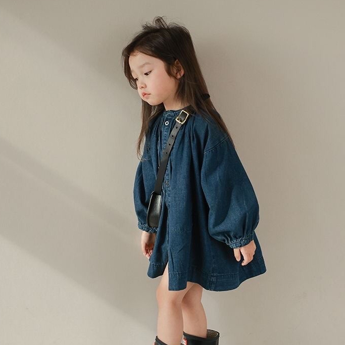 Miyababy Váy bé gái váy denim dài tay phiên bản Hàn Quốc mặc thoải mái phù hợp cho bé từ 2-10 tuổi