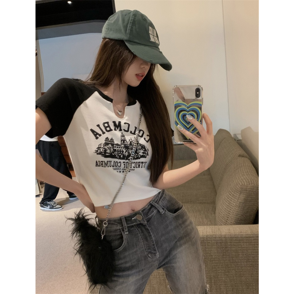 Se7en shop Spice Girls Cổ Chữ V Áo Thun Tay Ngắn Nữ Mới Crop Tops Quần Áo Nữ