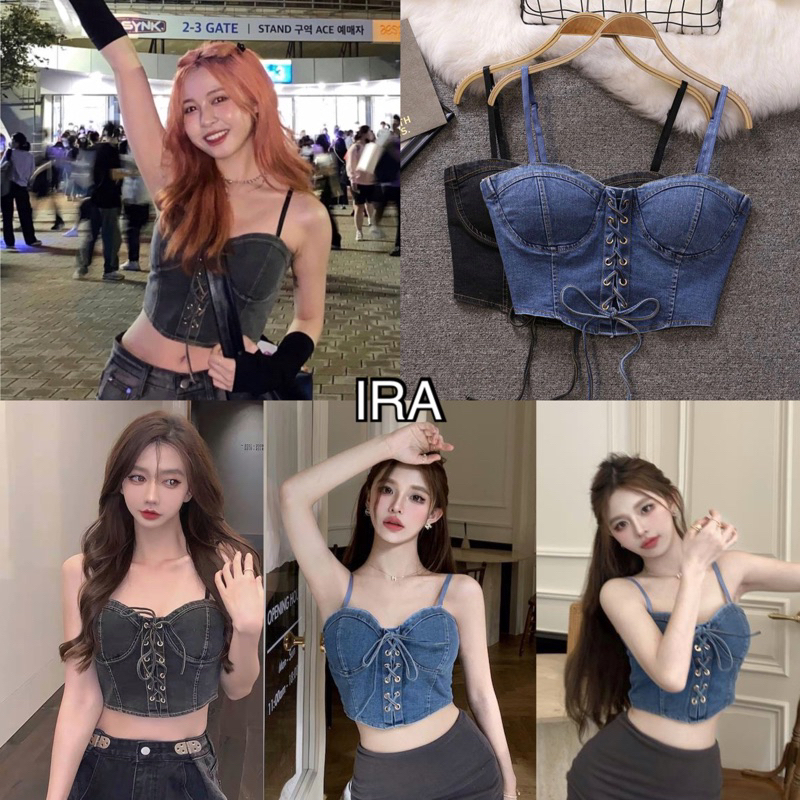 BY IRA (206) Áo ống Denim Dây đeo ngắn có dây rút Mặc nó và trông rất đẹp.