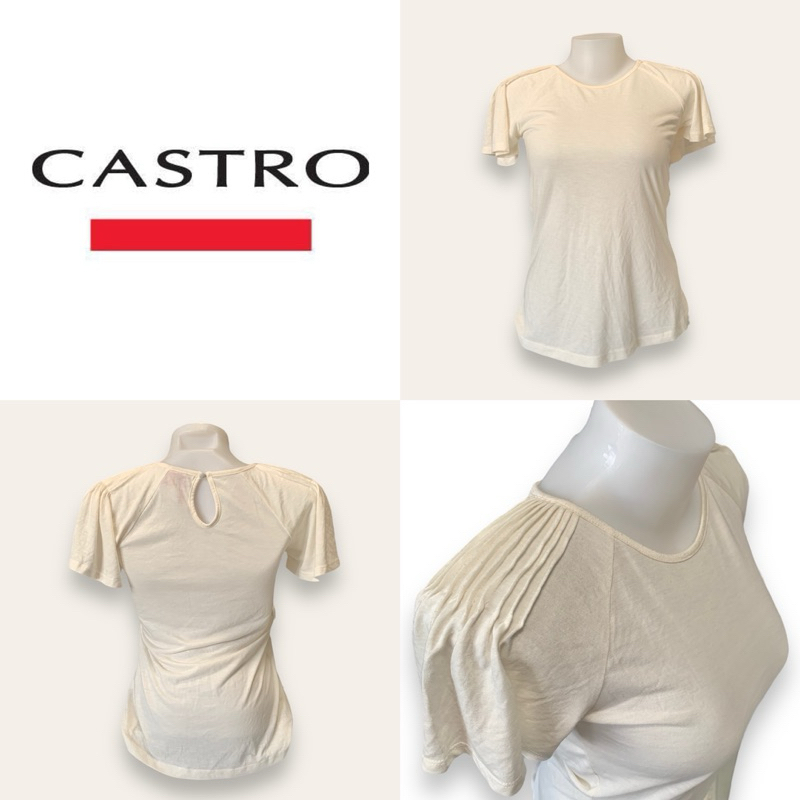 Castro (Castro) GC114 Áo thun nữ cổ tròn tay ngắn màu trắng nhạt khâu cánh tay
