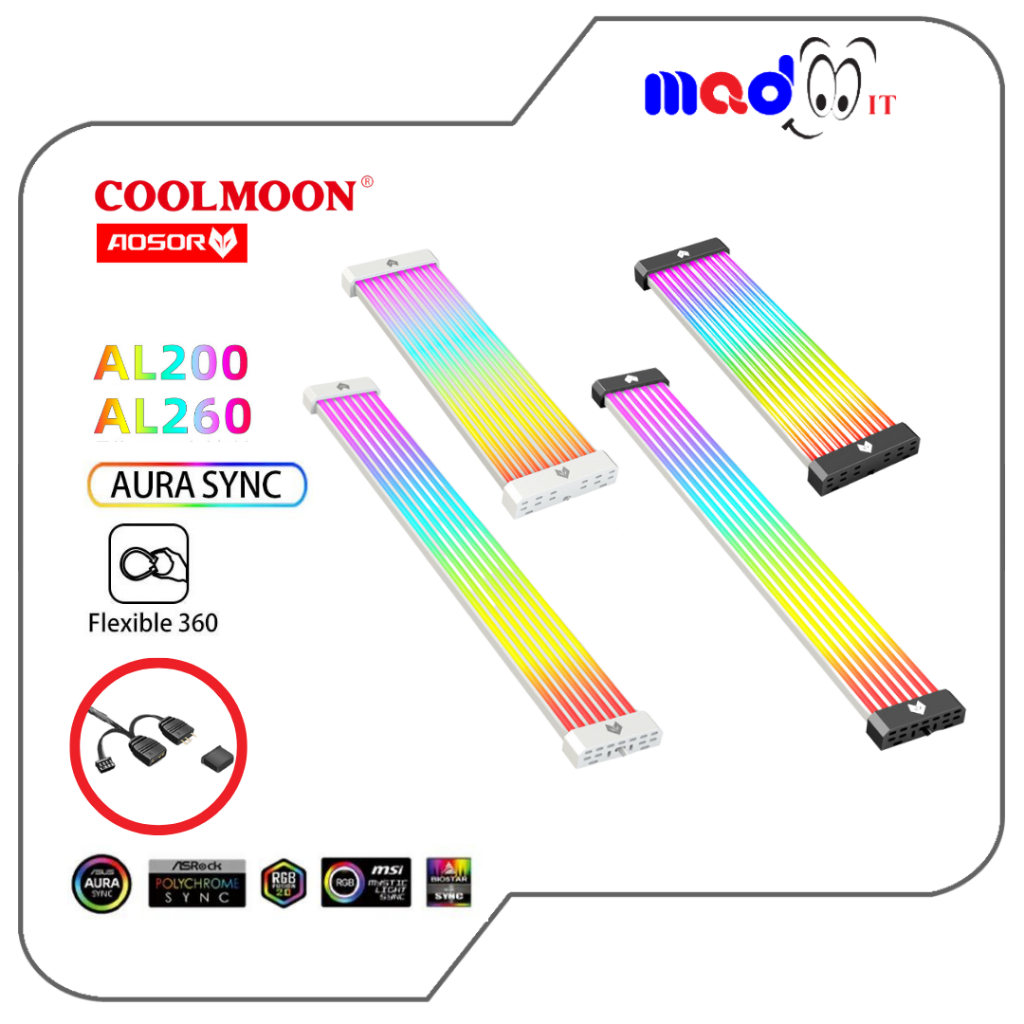 Dây trang trí LED COOLMOOON AOSOR ARGB cho bo mạch chủ 24pin (AL200) và dây Card đồ họa 8pin (AL260)
