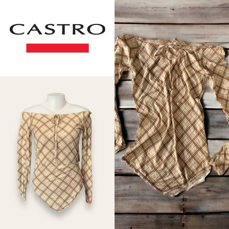 Castro (Castro) GC108 Nữ hở vai dài tay họa tiết kẻ sọc màu nâu