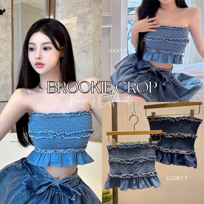 Áo ống Denim crop Brookie có xù xì và lem xung quanh