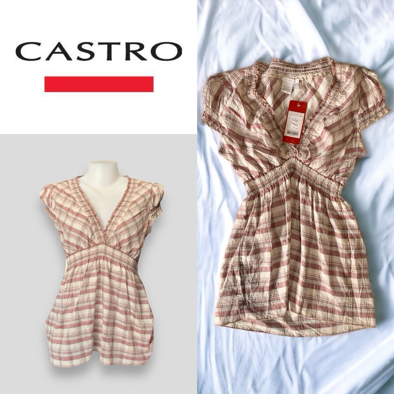 Castro (Castro) GC109 Áo sơ mi không tay cổ chữ V họa tiết kẻ sọc thắt lưng