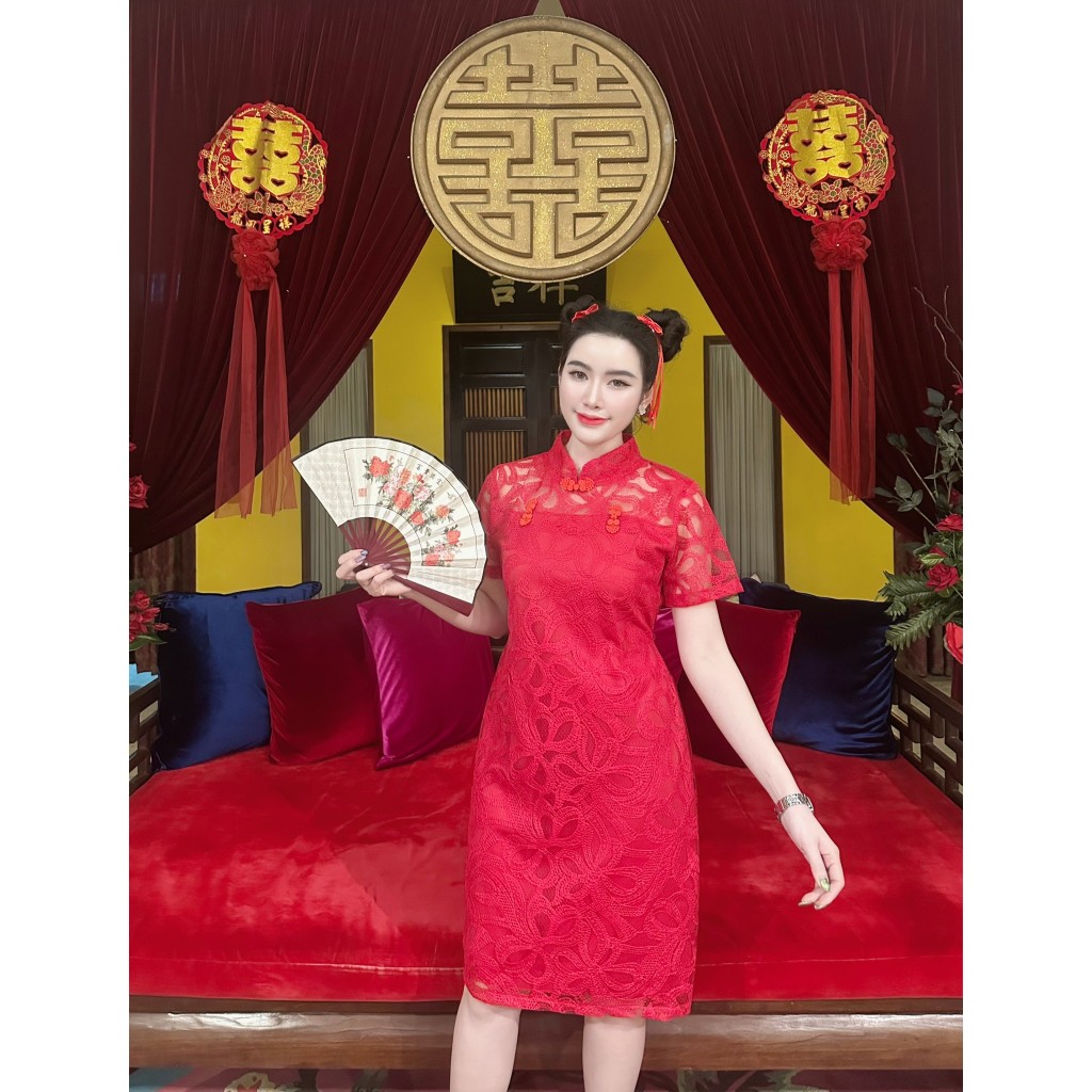 Đầm sườn xám ren có họa tiết nơ tay ngắn có dây kéo lưng và dây buộc thắt lưng (C1) A2655