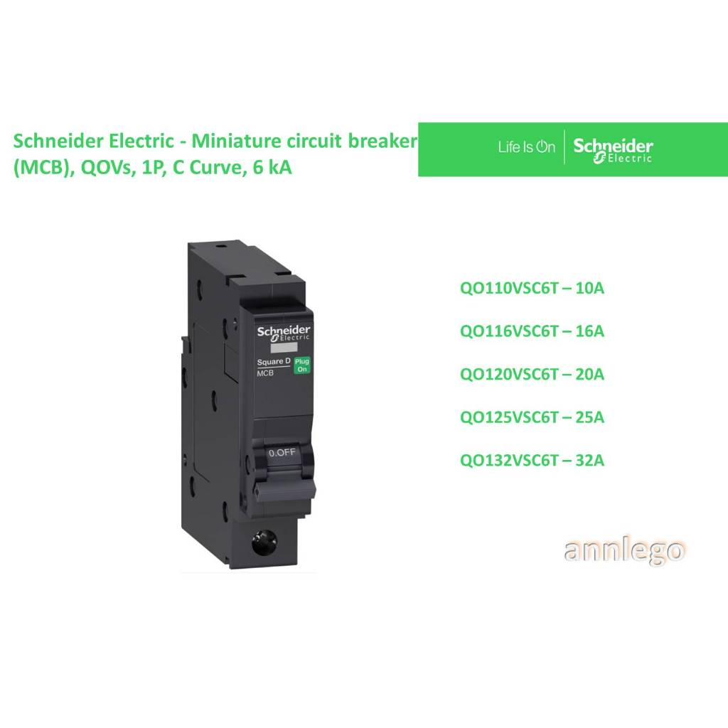 Schneider-Circuit Breaker QOVS Sub-Unit Kích thước 1P 6kA Model QO110VSC6T QO116VSC6T QO120VSC6T QO1