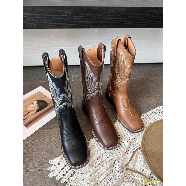 Stop Leather Western Cowboy Boots Cavalier Mid-Tube Martin Chelsea Dài Nữ 2024 Mới