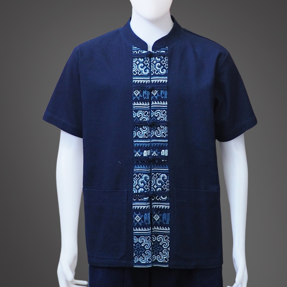 Quần áo Cotton Màu xanh Mohom (Bohem Pot) Cổ áo Trung Quốc có nút tay ngắn được trang trí bằng vải i
