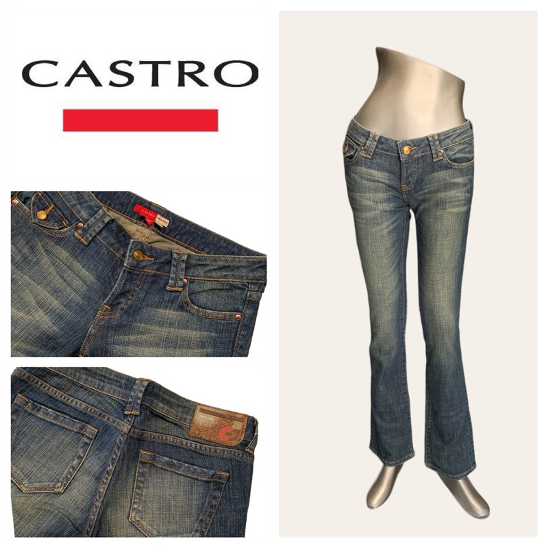 Castro (Castro) CT24 Quần Jean Dài Nữ Rửa Vàng Ren Nút Thấp Eo Nâu Da Dấu Hiệu