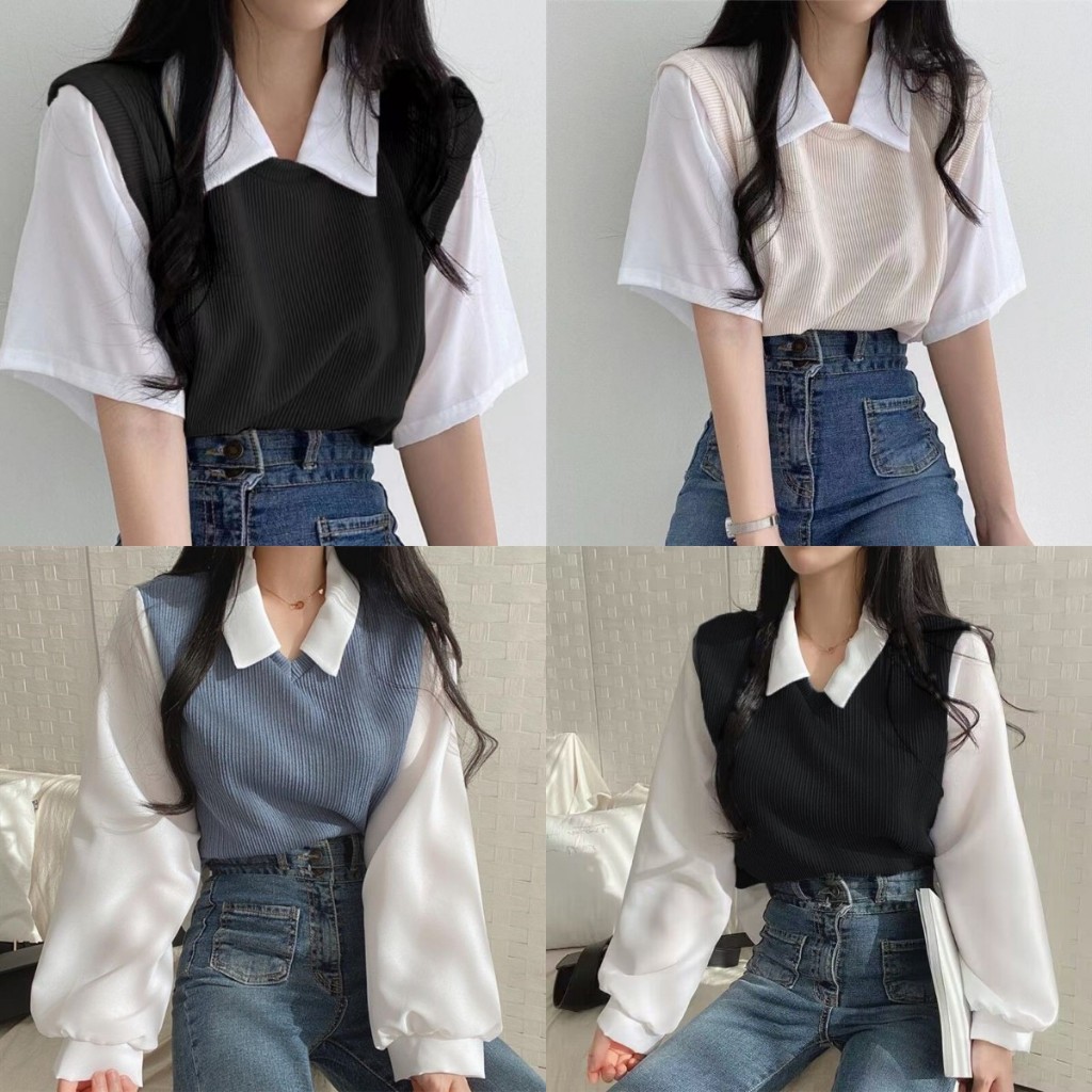 Áo thun nữ Polo Áo sơ mi nữ phong cách Hàn Quốc giả hai mảnh 60191