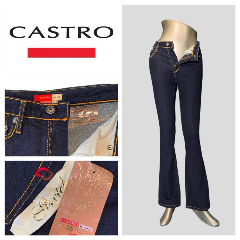 Castro (Castro) CT5 Quần jean nữ dài màu xanh hải quân màu vàng ren bạc