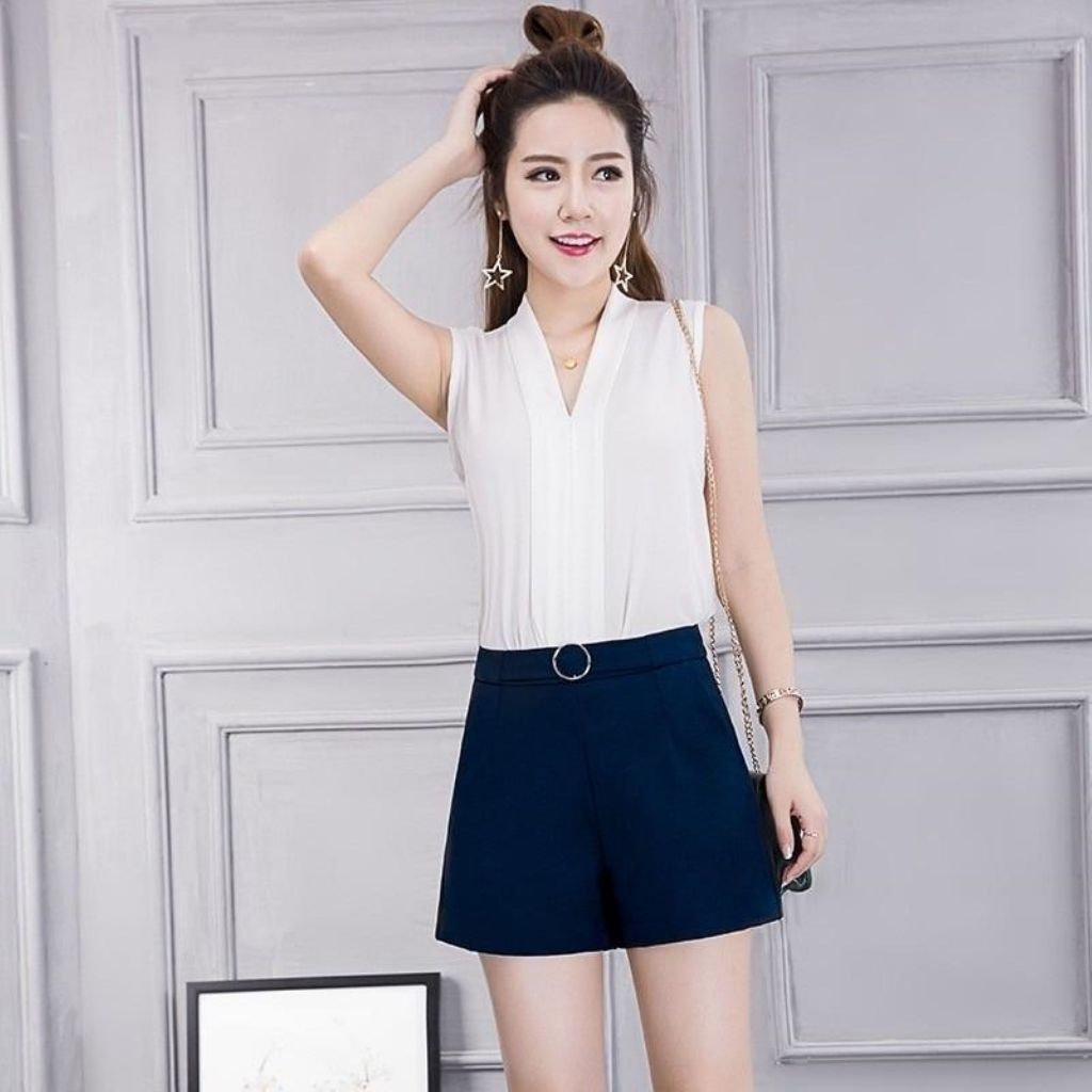 Quần short nữ cạp cao có cạnh có túi bên. Hình dáng đẹp Thoải mái khi mặc vải len sóng co giãn K3235