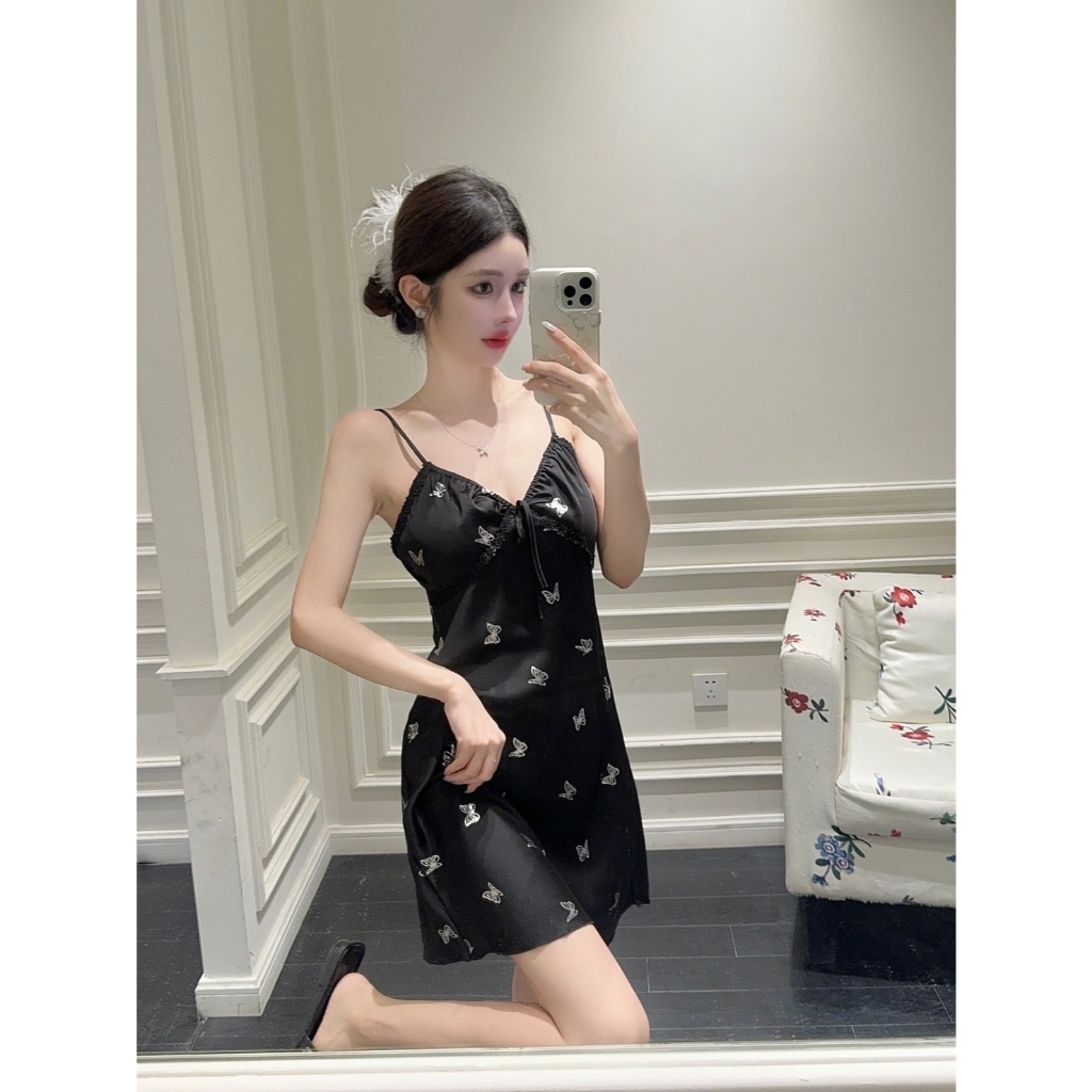 Bộ Đồ Ngủ Váy Nữ Họa Tiết Bướm Thoải Mái Mặc Không Kích Ứng Trang Trí Bằng Nơ Dễ Thương. Phong cách 