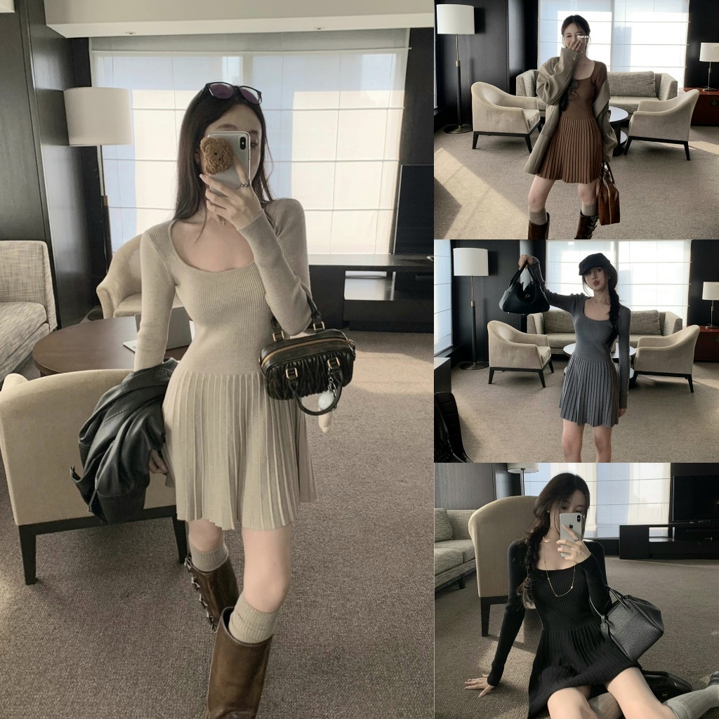 Váy ngắn dệt kim dài tay 4 màu Váy xếp ly có xù xì (D261)