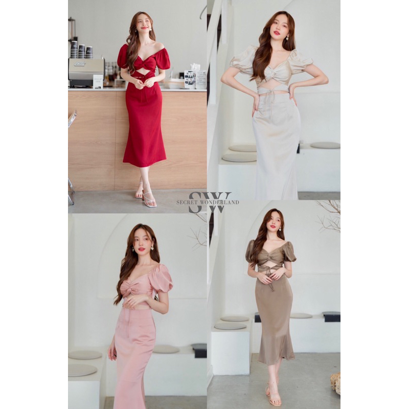 Váy Dakota: Váy Satin tay phồng dự tiệc dài