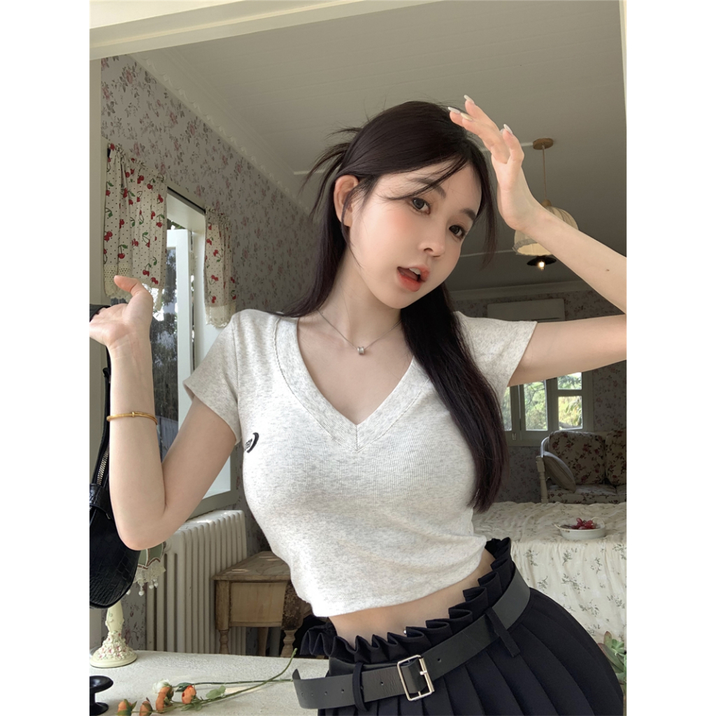 Acubi Áo thun không tay Crop Top Màu trơn Vải thoải mái Cổ hở sâu co giãn J2117