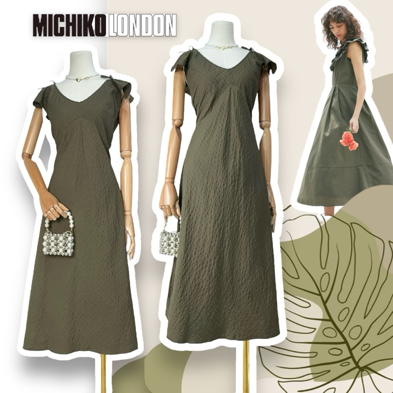 Váy midi MICHIKO LONDON cotton Xanh ô liu