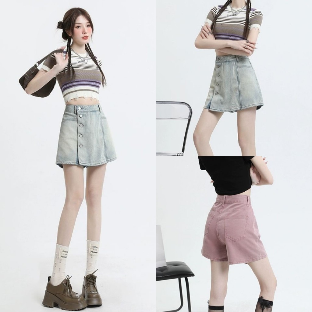 Váy Denim chữ A đơn giản phong cách Hàn Quốc màu trơn ngắn 60317