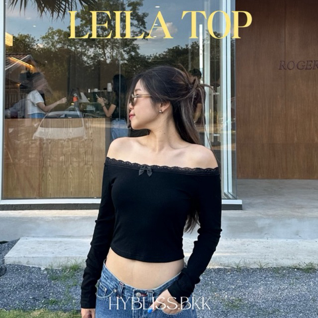 Hybliss.bkk-Leila top Áo sơ mi dài tay lệch vai ren có nơ