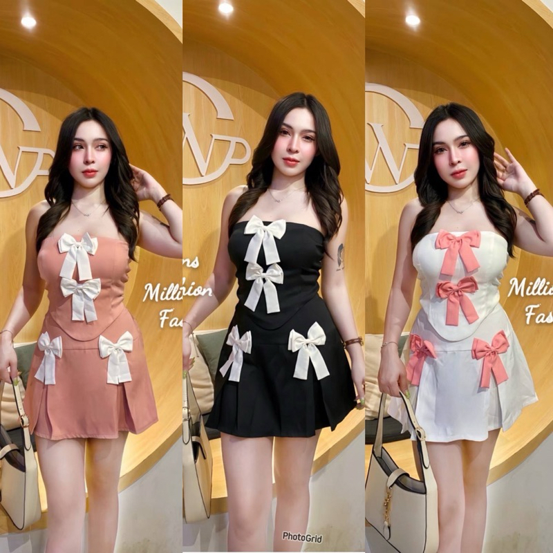 Mnv _ shop Bộ nơ cô gái Việt Nam nóng bỏng Áo ngực quây có đệm xốp Váy xếp ly Vải Sara