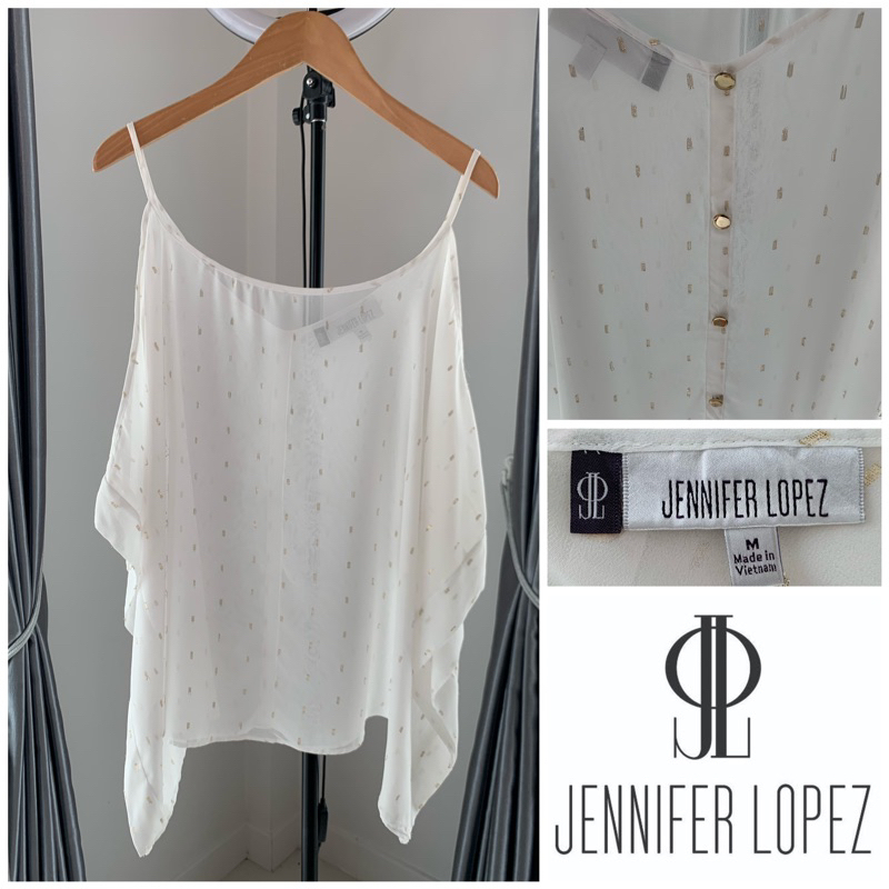 Jennifer Lopez OVERSIZE Sheer Top Dây đeo Spaghetti lệch vai có sequin / Nút vàng Thương hiệu đích t