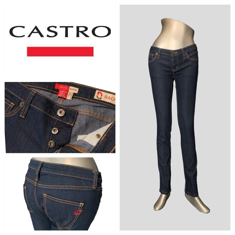 Castro (Castro) CT6 Quần Jean Dài Nữ Màu Xanh Dương Đen Vải Mềm Nút Vàng Ren Eo Thấp