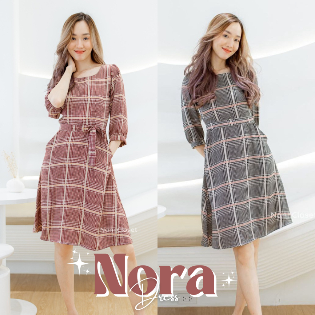 Nora Dress Kẻ Sọc Vải Mềm 3 / 4 Tay Có Túi Lót Toàn Bộ.
