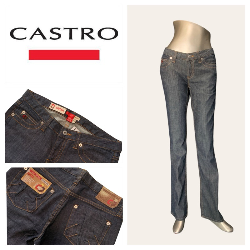 Castro (Castro) CT18 Quần Jean Dài Nữ Chủ Đề Vàng Nút Bạc Hình Dạng Hình Trụ Nhỏ Eo Thấp Dấu Hiệu Da