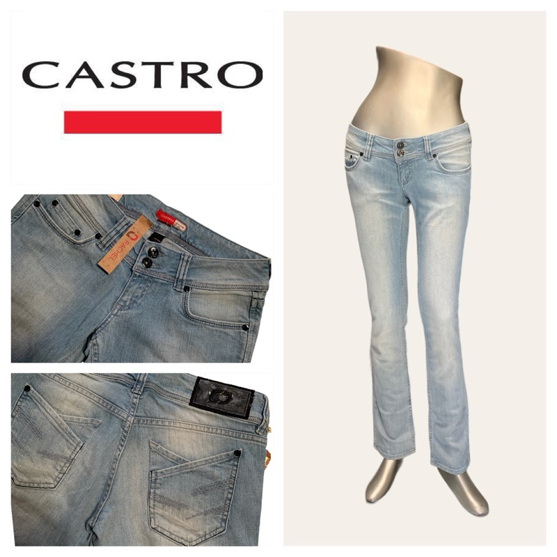 Castro (Castro) CT23 Quần Jean Dài Nữ Mờ Màu Đen Đôi Nút Eo Thấp Chân Skinny 2 Lớp Sau Túi Nhãn