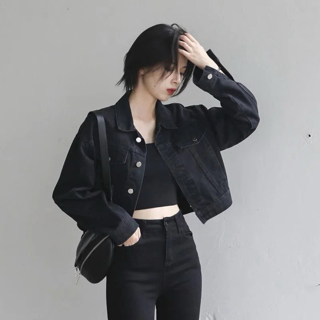 Áo Crop Jacket Denim Đen Rất Đẹp Có thể đeo trên mọi sự kiện