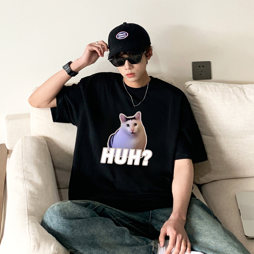 Áo thun ngắn tay phong cách Hàn Quốc TOP "HUH?" Meme CAT Họa tiết in lụa bò mát mẻ unisex