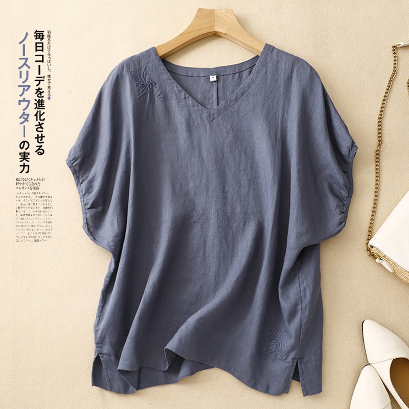 Áo Sơ Mi Cotton Nilin Cổ Chữ V Tay Ngắn Xếp Ly Phong Cách Hàn Quốc Và Nhật Bản Muji Tối Giản