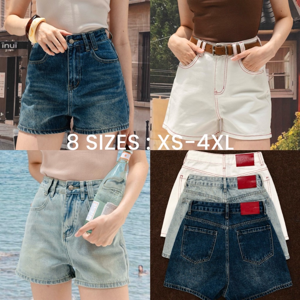 CHUUUCHOP- (XS-4XL) Quần Short Bonnie Quần Jean Màu Trơn Biển Hiệu Đỏ (C9400)