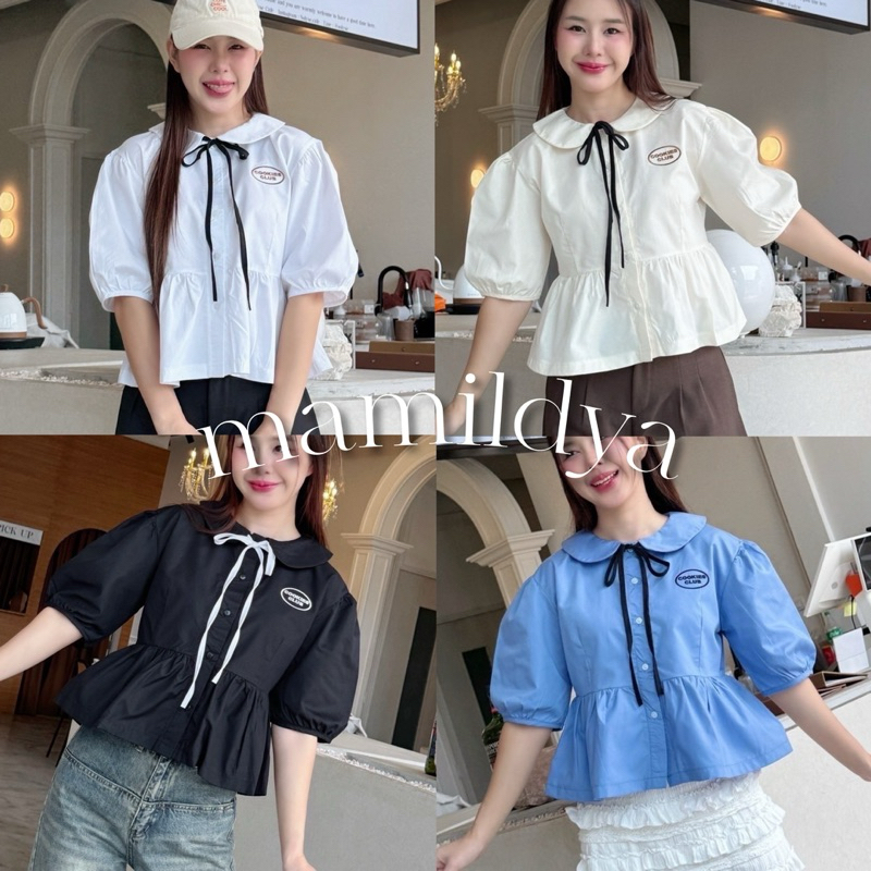 Plus Ribbon Áo Sơ Mi Cổ Sen Tay Phồng Vải Cotton / J1-1 / COOK-Rib Thêu