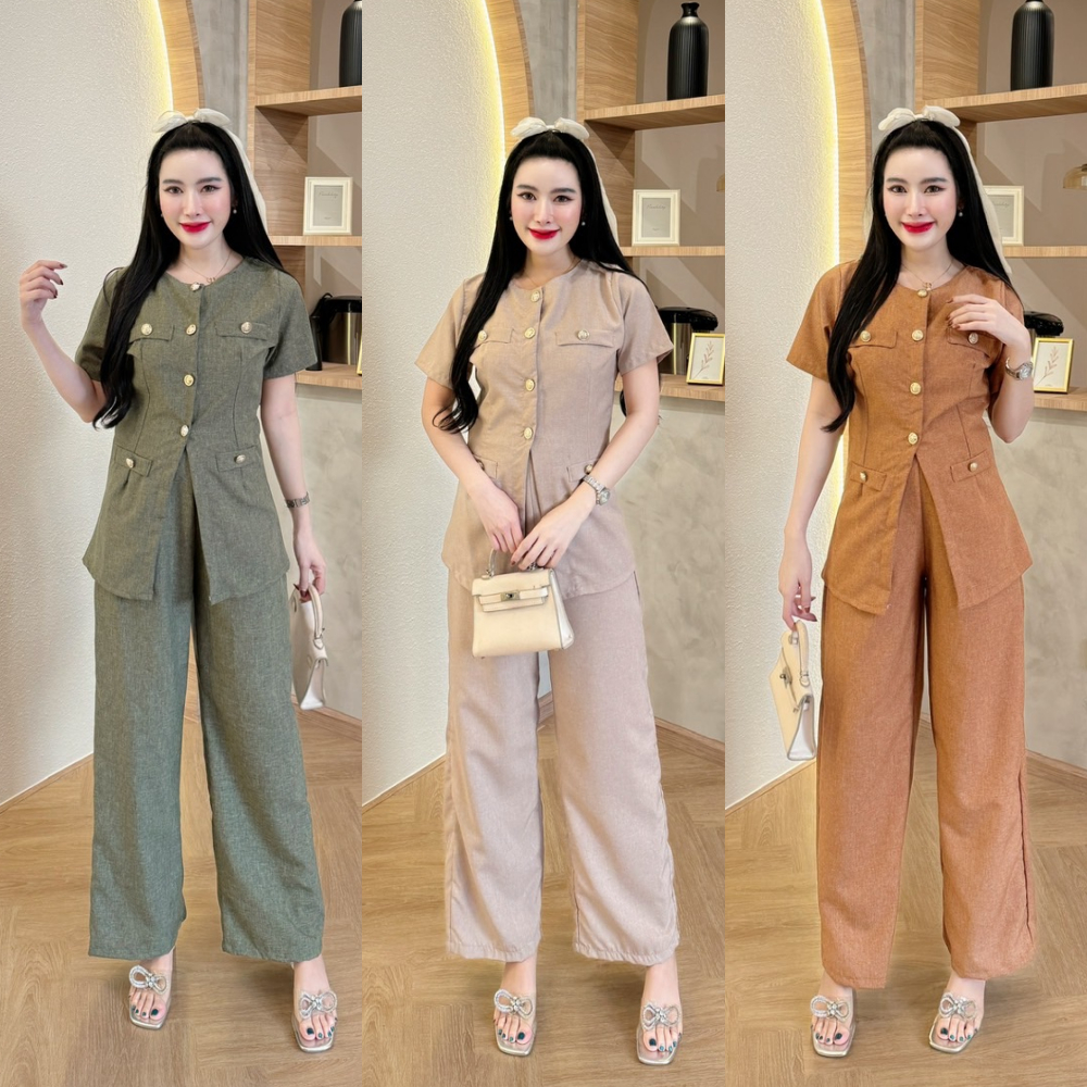 Bộ đồ Tweed dài có túi và nút phía trước + Quần eo trơn có khóa kéo lưng và bên hông A5262