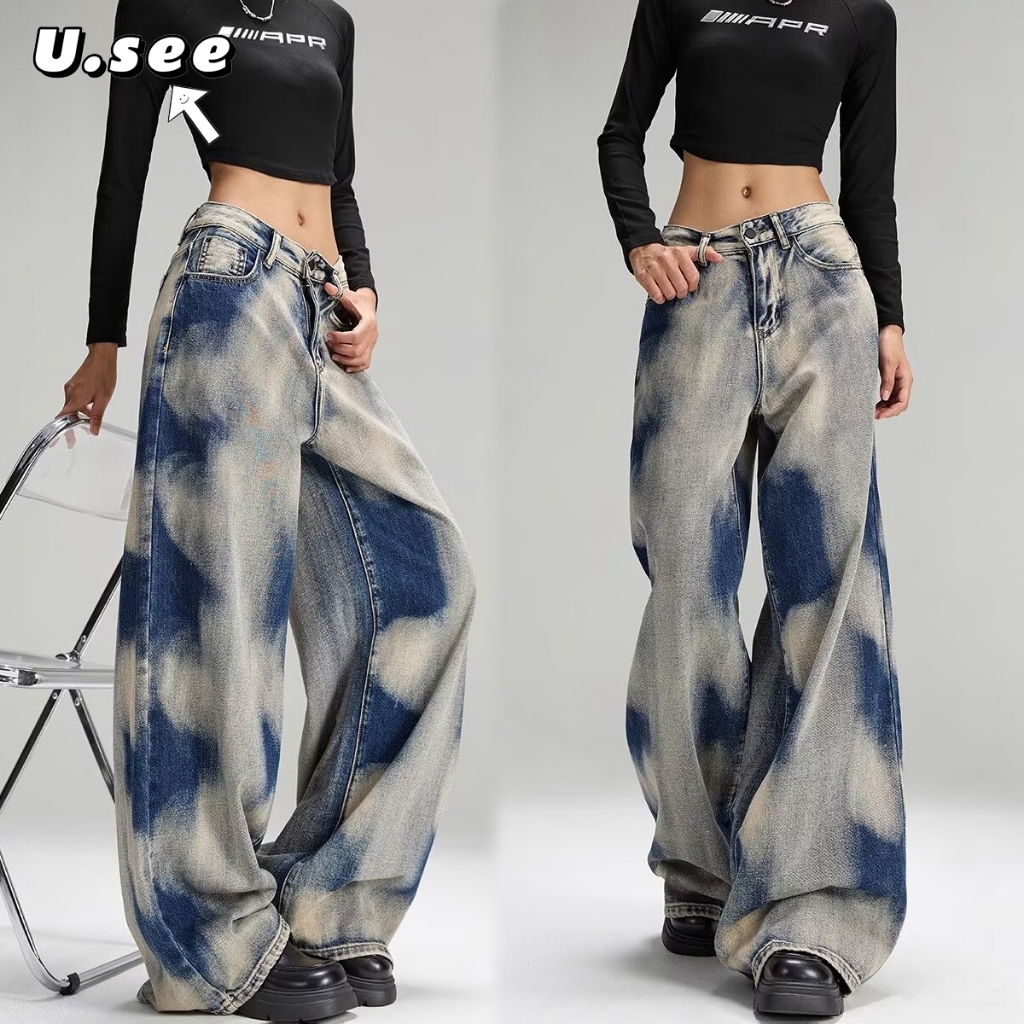 Quần ống rộng Quần jean lưng cao làm cho Old Beautiful Tie-Dye Pattern 1180