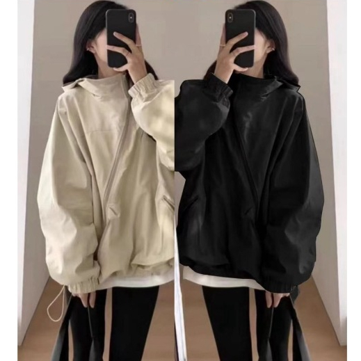 Elegant-JKC011-229 Áo khoác siêu mát có dây kéo chéo dài tay 2 màu (Vải dù)