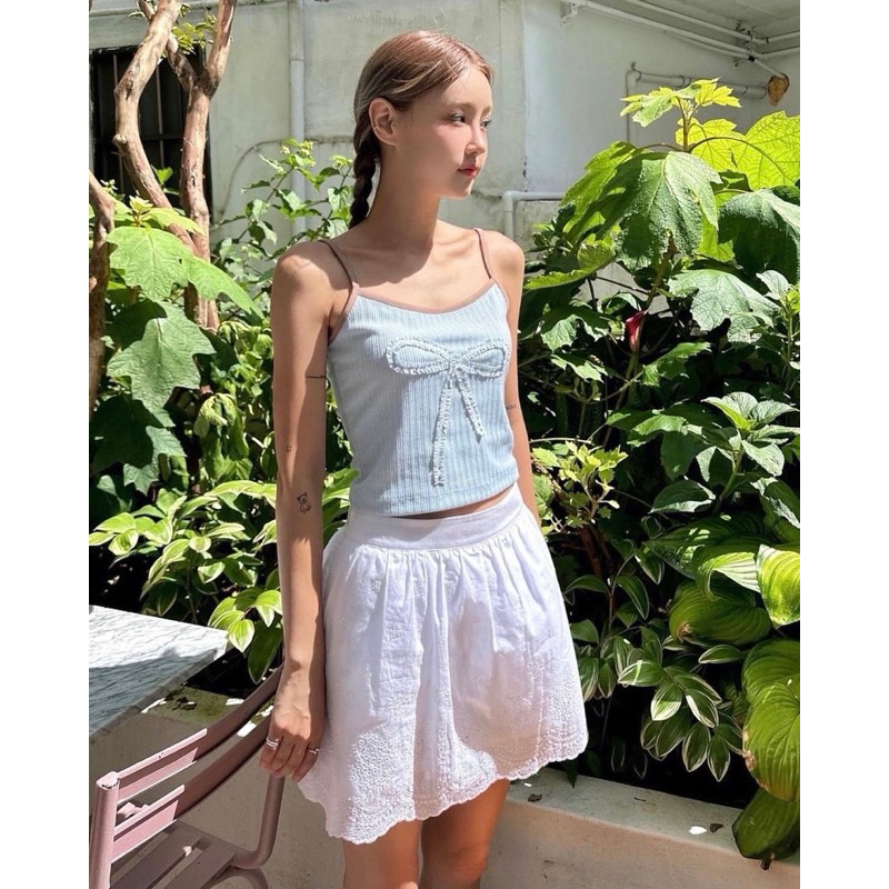 Áo Jennie có nơ 🩵 Áo Sơ Mi Spaghetti Dây Màu Xanh Pastel Dệt Kim Phong Cách Việt Nam 10181