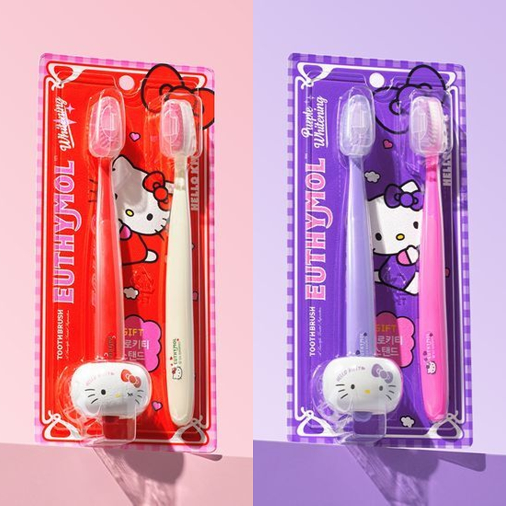 Bộ bàn chải đánh răng làm trắng da Euthymol x Hello Kitty 2 món có giá đỡ phiên bản giới hạn