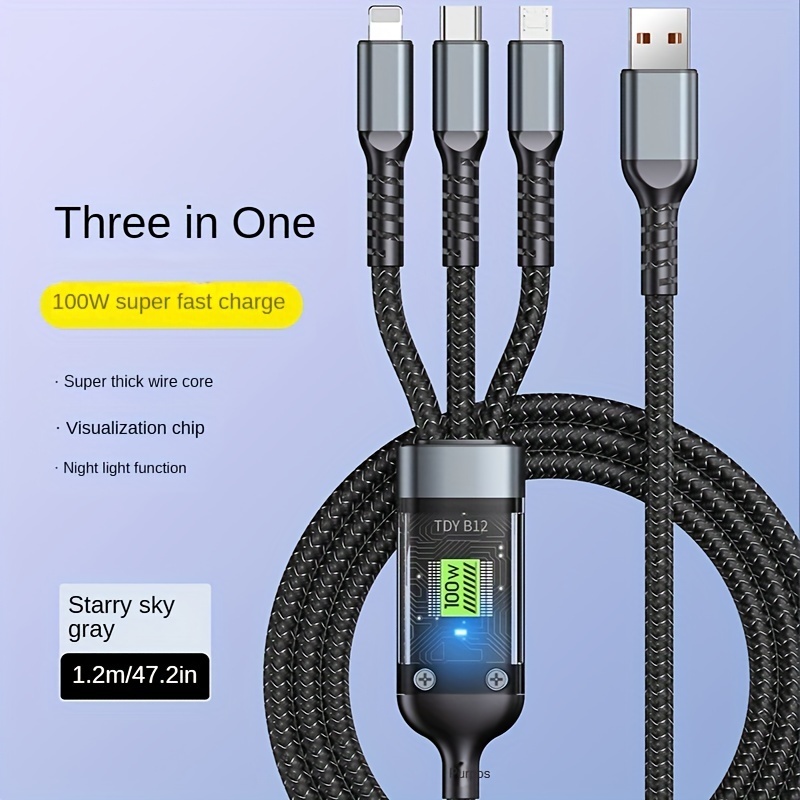 Cáp sạc nhanh 3in1 100W Dữ liệu Nylon cho iPhone TypeC MicroUSB