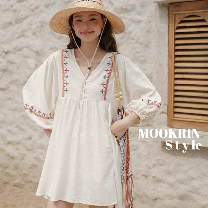 Mookrinstyle • Đầm Mini Họa Tiết Thêu Phong Cách Bohemian Đẹp Vải Lanh Bohemian minidress