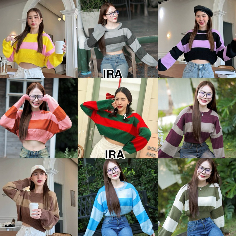 BY Áo len dệt kim IRA Brookie Áo Crop Top dệt kim sọc dài tay rất dễ thương và tối giản.