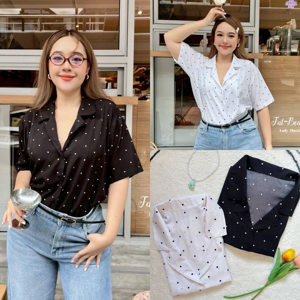 Áo Sơ Mi Chấm Polca Kích Thước Ngực 38-53 Inch Họa Tiết Chấm Bi Tay Ngắn Hàn Quốc Lụa Thoáng Mát Và 
